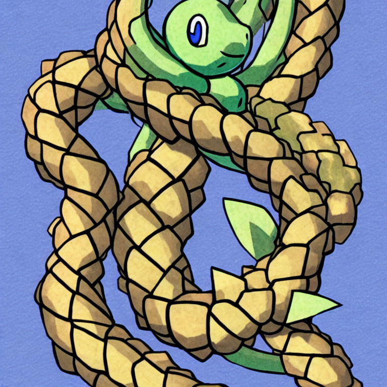 Green snake with big eyes and leaf-shaped appendages in brown rope on blue background