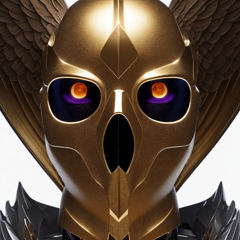 Golden owl mask with glowing purple eyes on metallic background