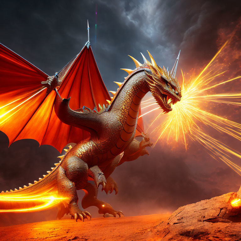 Majestic dragon with outstretched wings on rocky cliff under red sky