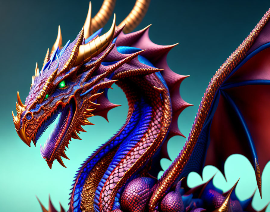 Colorful Dragon Illustration with Blue Scales and Golden Horns