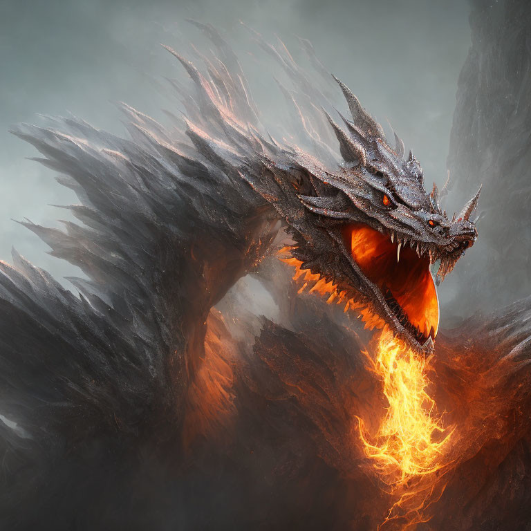 Dark-scaled dragon breathing fire in swirling smoke