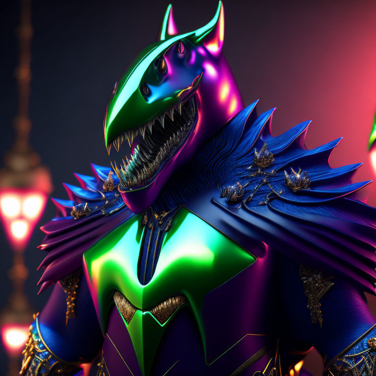 Colorful 3D Dragon Creature with Neon Colors and Armor on Moody Backlit Background