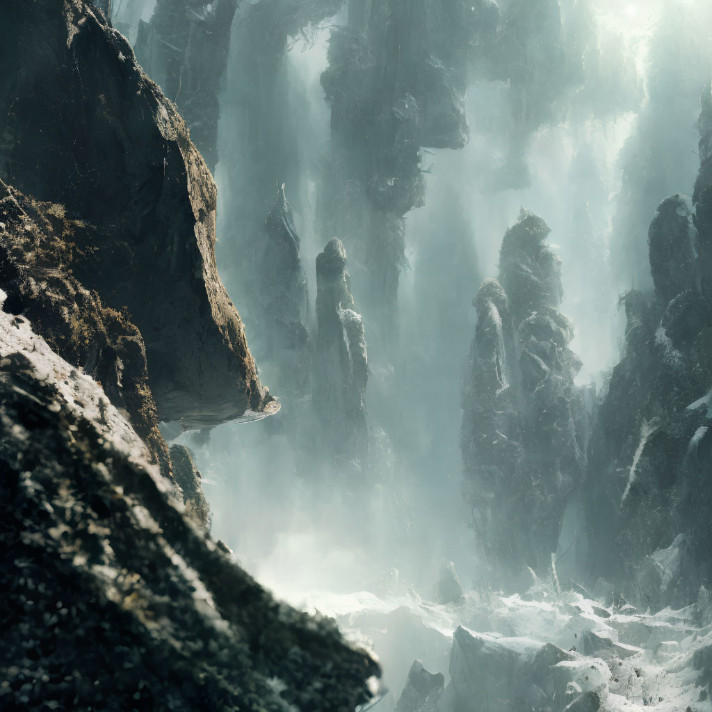 Mystical rocky landscape with jagged peaks and rising mist in soft light