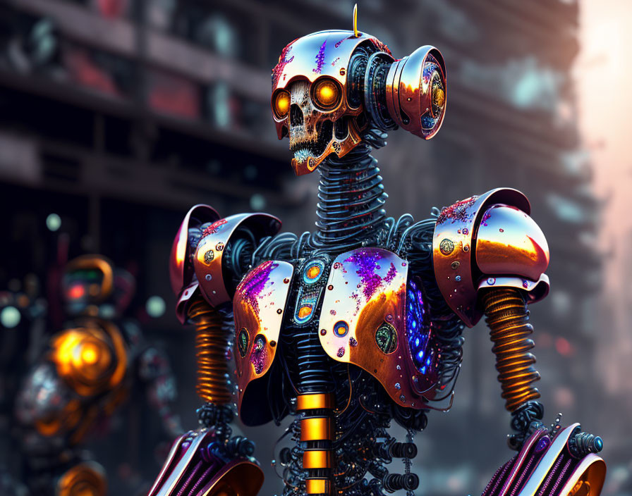 Colorful robotic skull figure against industrial backdrop