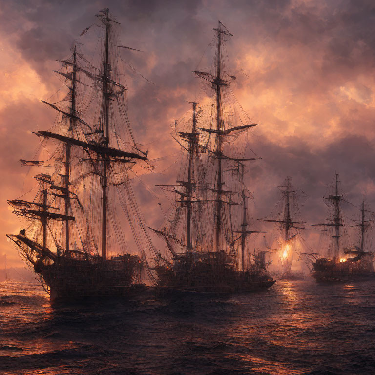 Tall ships with illuminated lanterns in misty waters at dusk