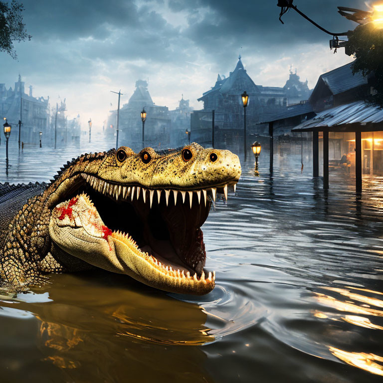 Large Crocodile Emerges from Floodwaters in Cityscape Twilight