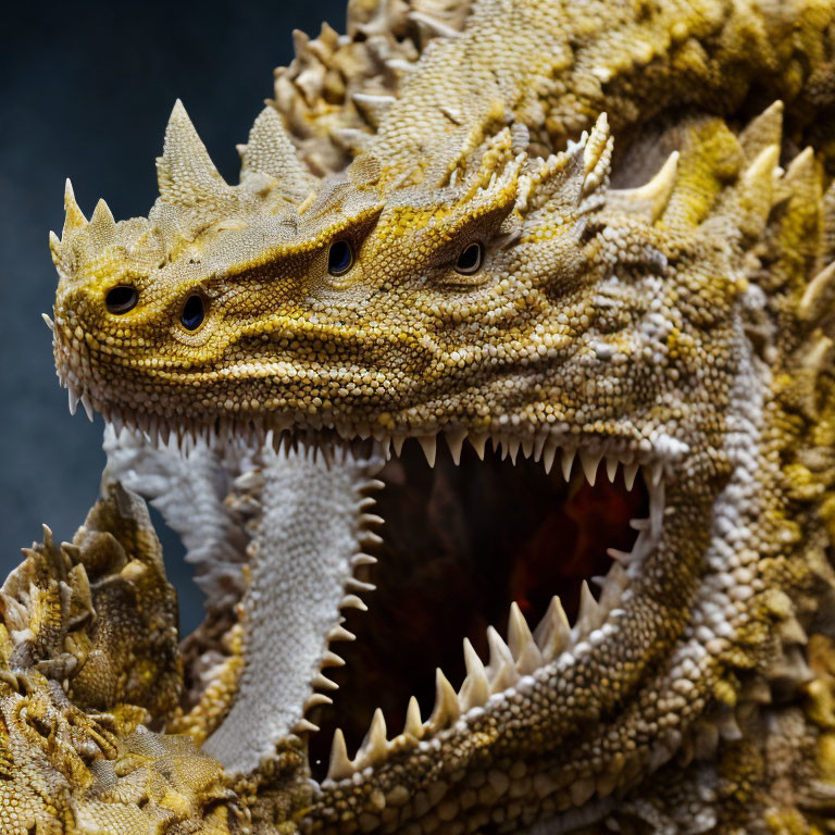 Fearsome three-headed dragon with golden scales and sharp teeth