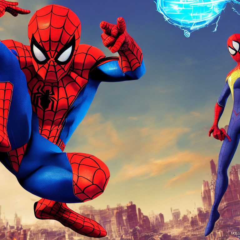 Classic and Female Spider-Man Characters in Heroic Pose Against Cityscape and Cloudy Sky