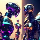 Metallic skull-faced figures in iridescent colors under dramatic lighting.