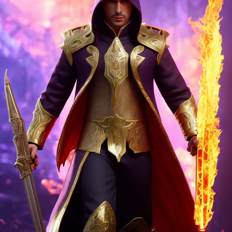 Fantasy character in purple and gold cloak with flaming sword and mystical backdrop