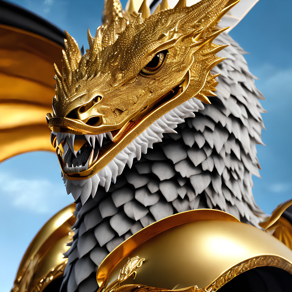 Golden dragon with scaled skin and piercing eyes on blue sky background