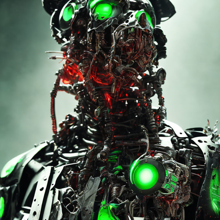 Detailed Robotic Creature with Green Glowing Elements and Red Core