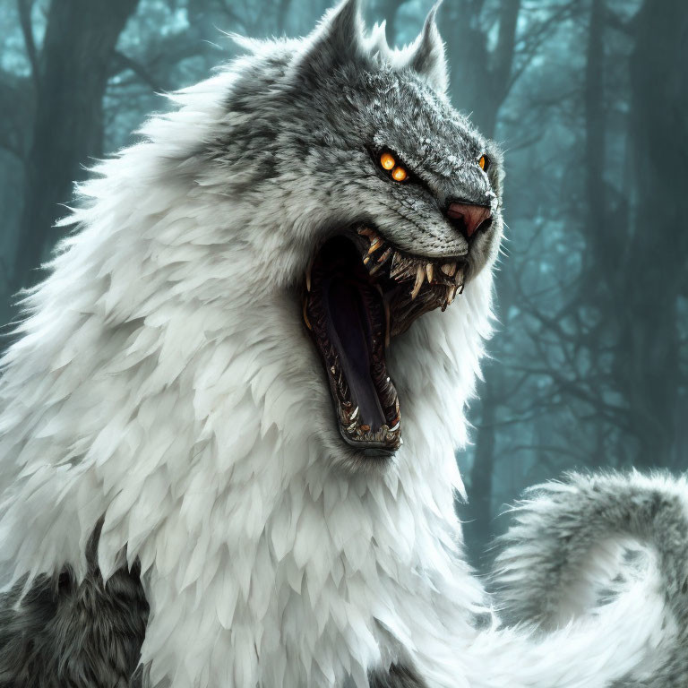 White-Furred Creature with Glowing Orange Eyes in Misty Forest