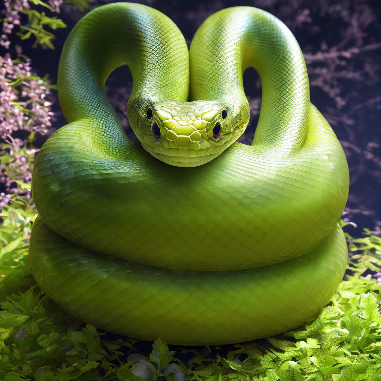 Vivid Green Snake Coiled Among Dense Foliage and Purple Flowers