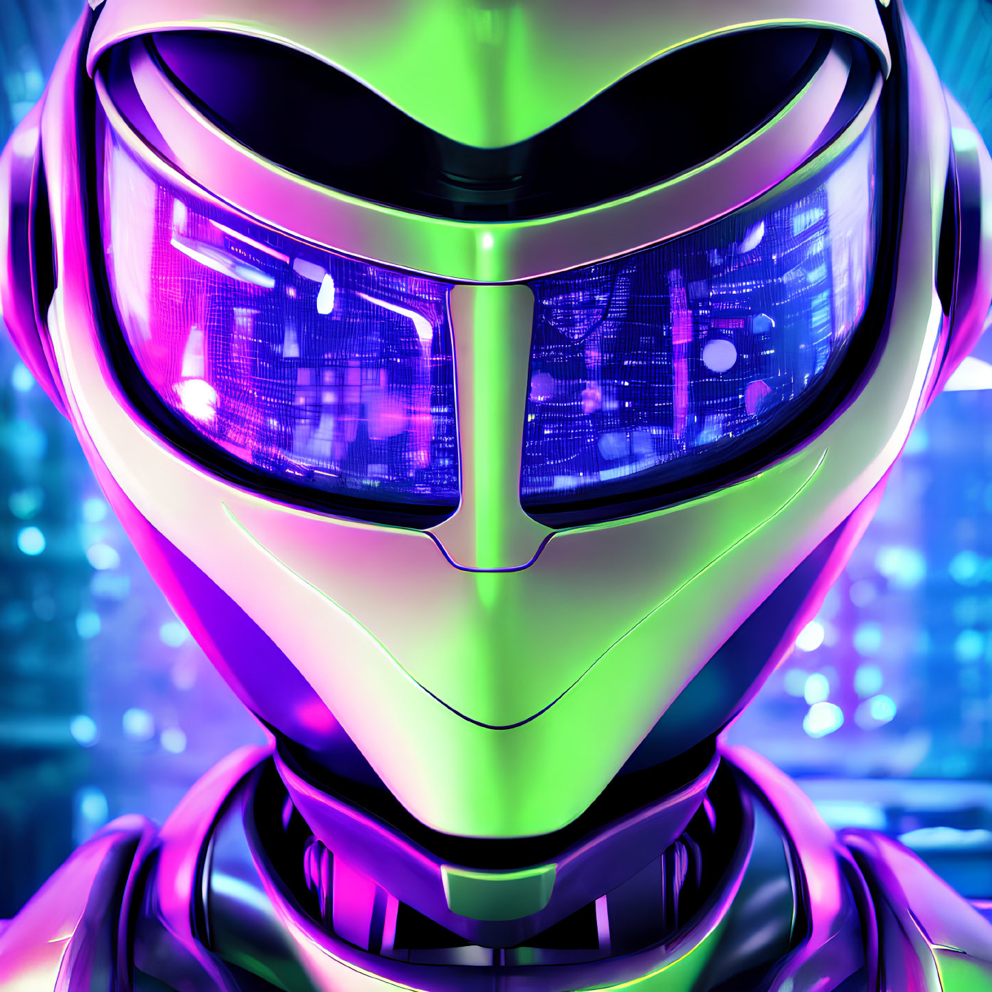 Futuristic robot face with glowing visor and neon lights on metallic surface