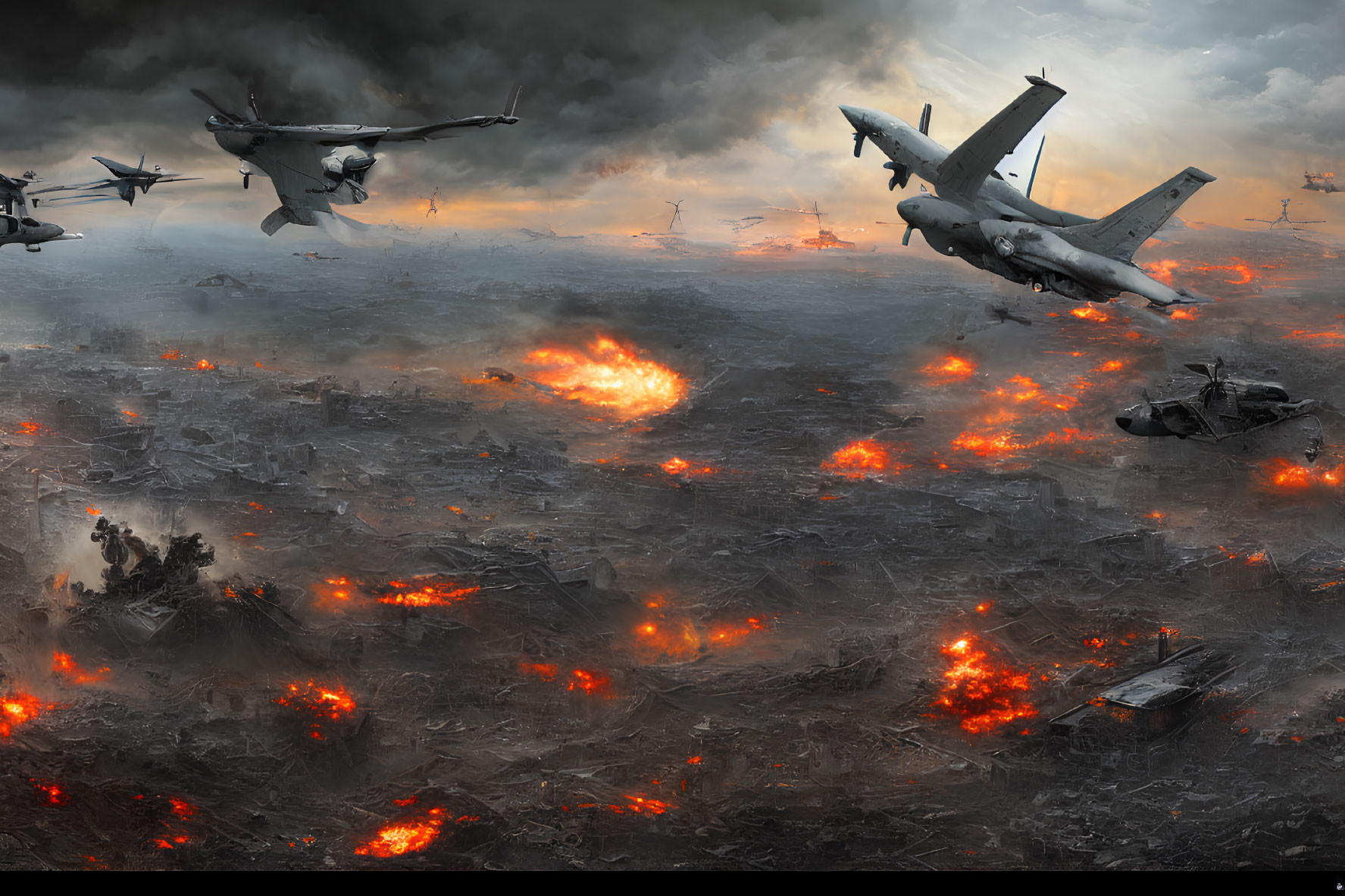 Fiery apocalyptic warzone with aircraft and explosions