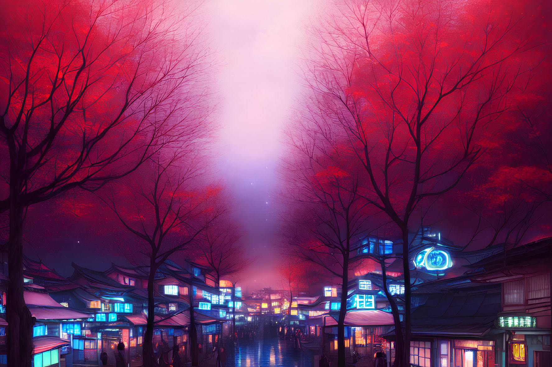 Night scene with neon-lit traditional buildings and red-leafed trees reflecting on wet street