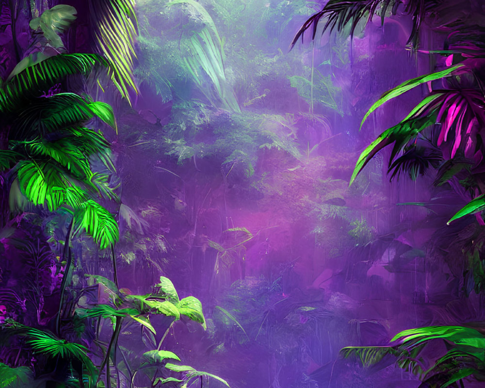 Colorful digital artwork of mystical jungle with neon hues and ethereal lighting