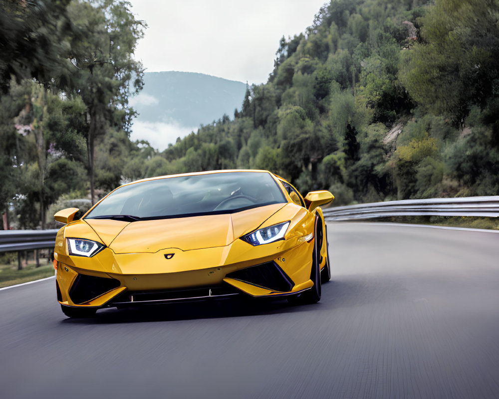 Yellow Lamborghini on Mountain Road with Trees and Cloudy Sky