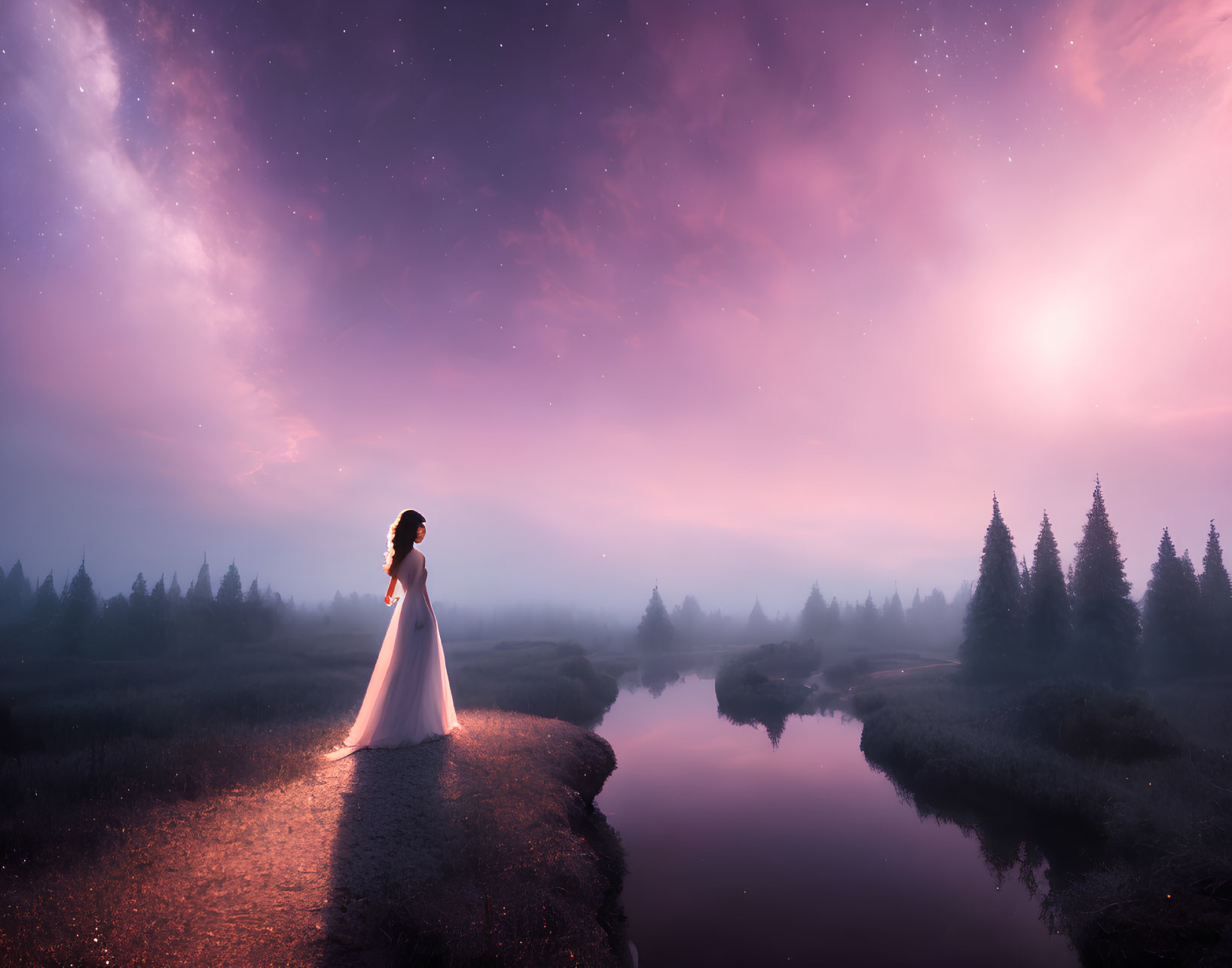 Person in white dress by winding river at dusk with misty landscape and starry sky