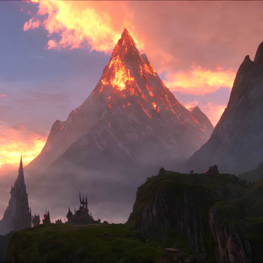 Majestic mountain glowing at sunset over fantasy landscape with castles