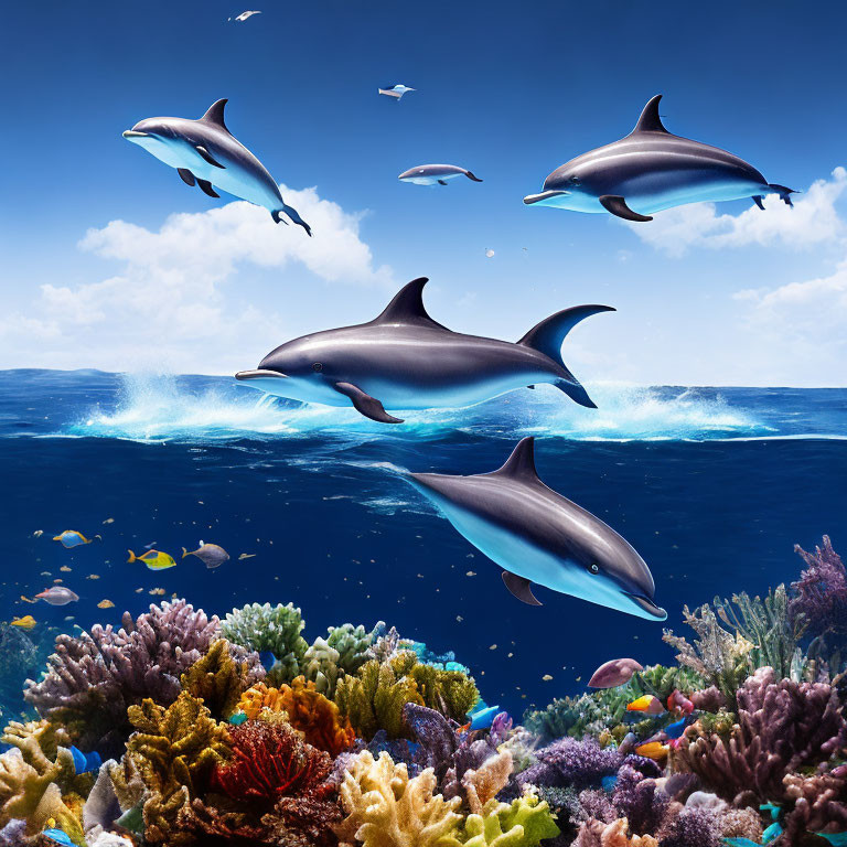 Dolphins leaping above vibrant coral reef and fish in clear blue waters