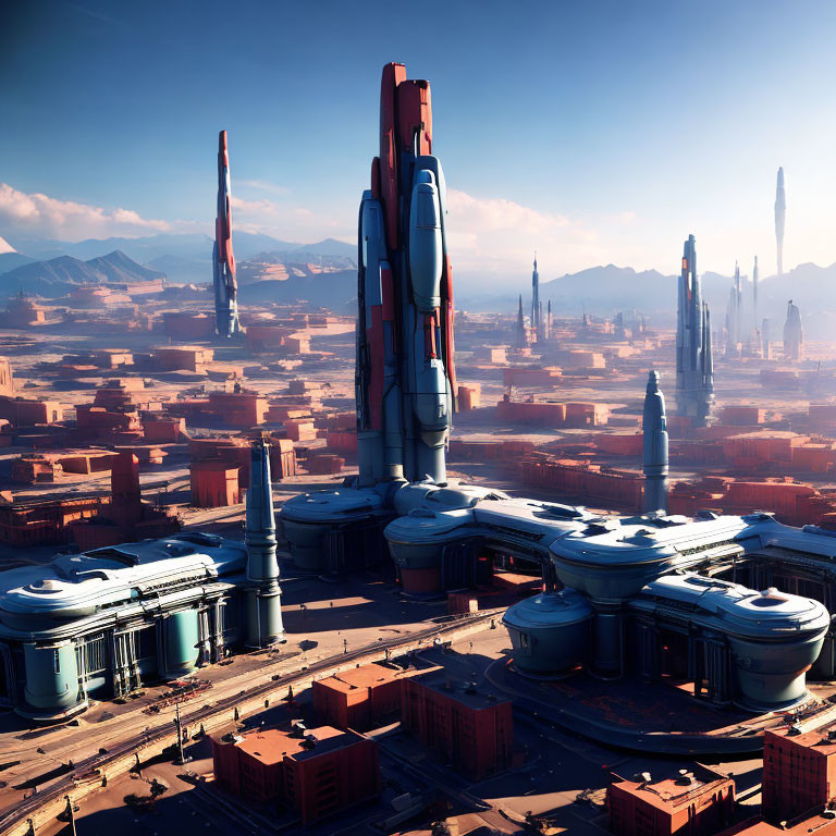 Futuristic cityscape with towering skyscrapers and advanced architecture