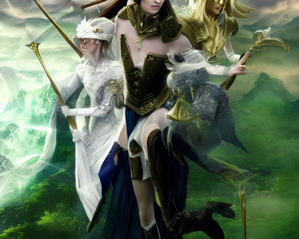 Fantasy armored elves with majestic weapons in mystical forest.