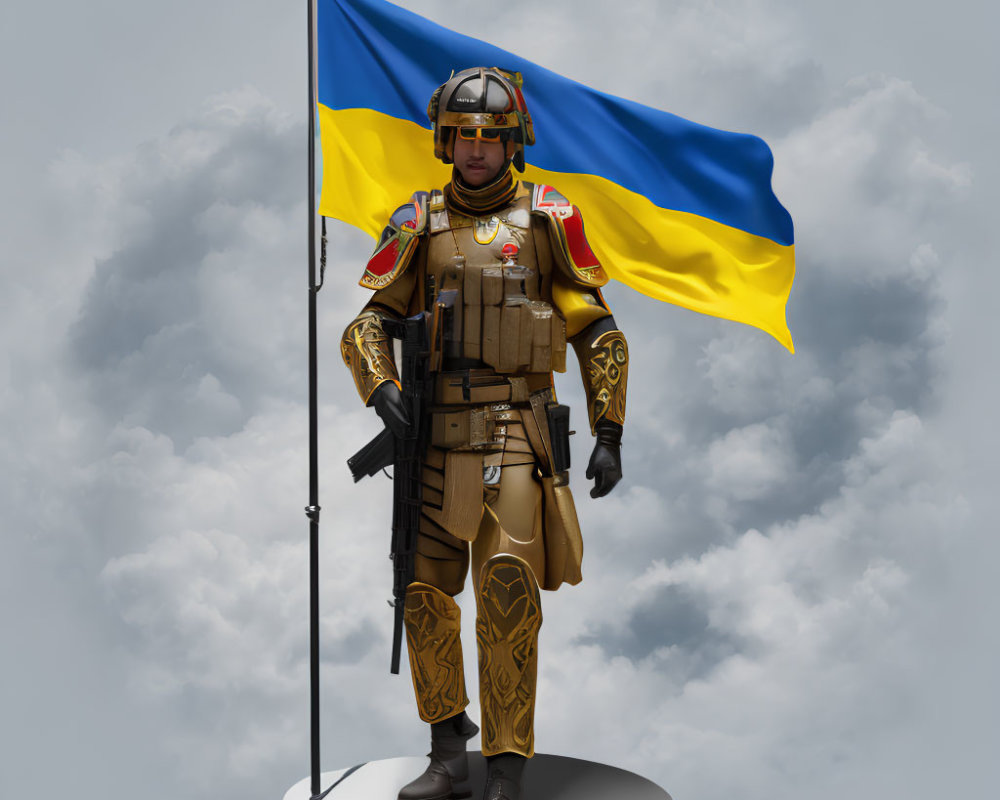 Person in Golden Armor with Rifle and Flag on Clouded Sky Background