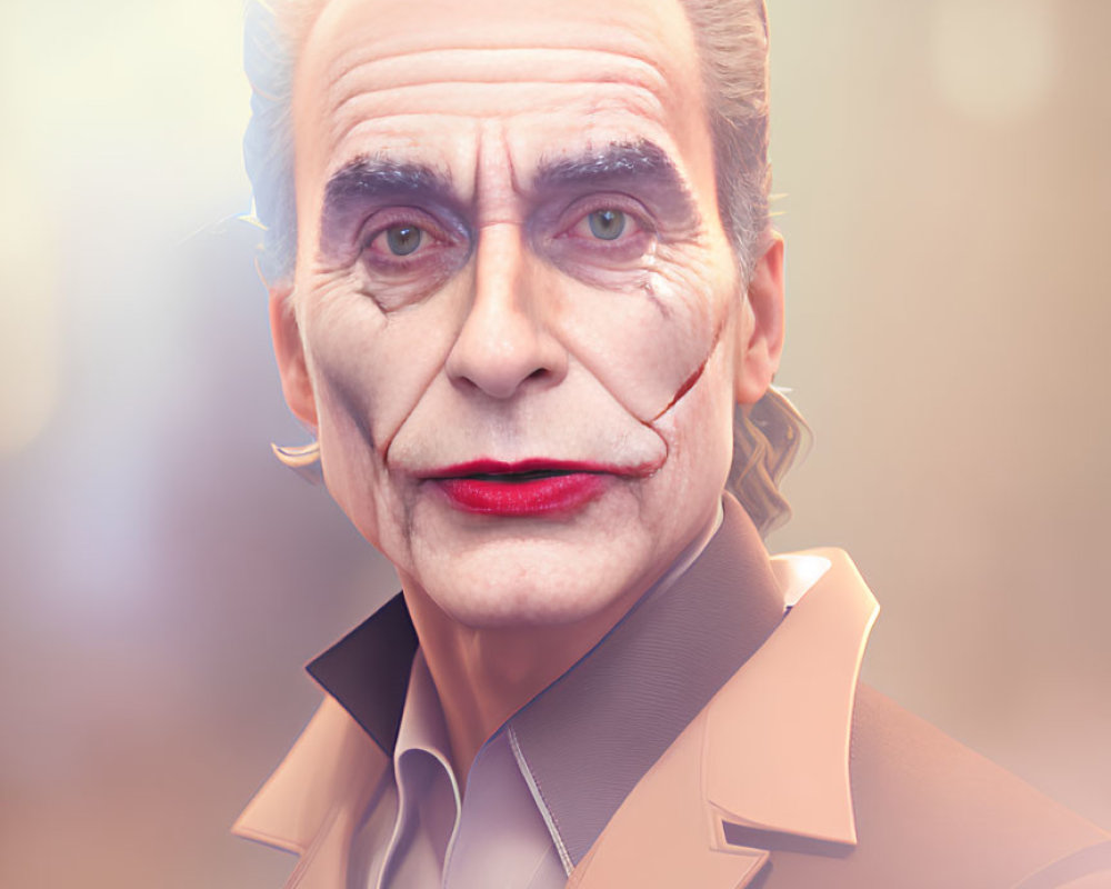 Stylized portrait of male figure with exaggerated facial features in Joker-like attire