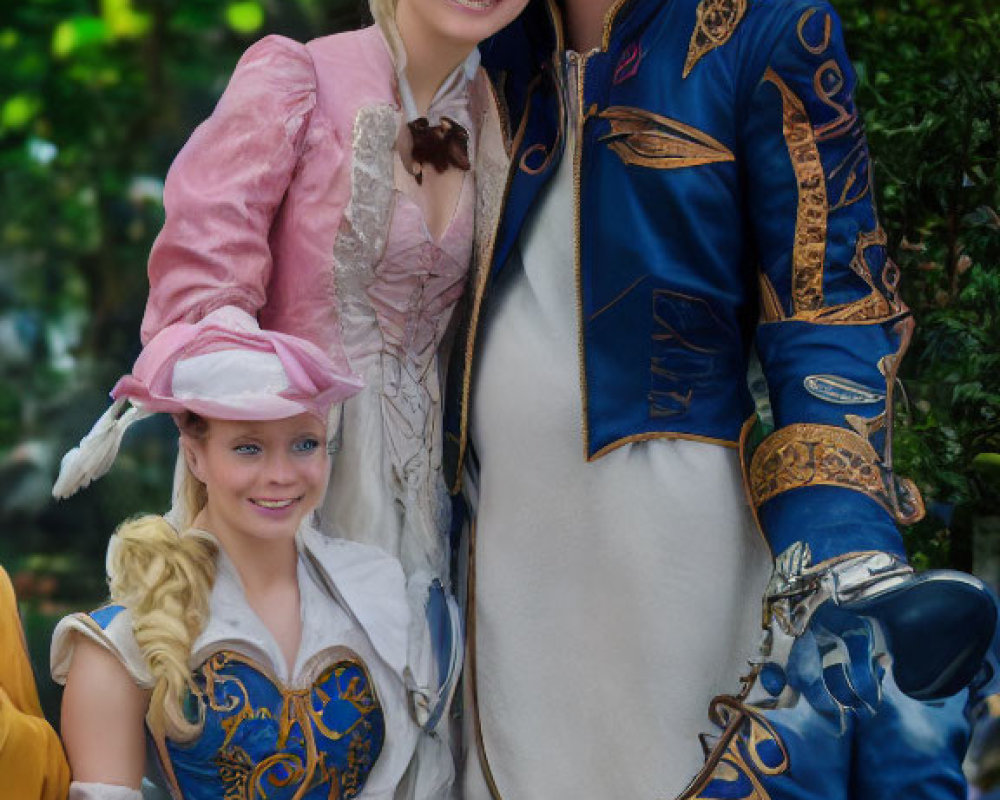 Colorful Fairy Tale Costumes: Three Performers Pose in Vibrant Attire