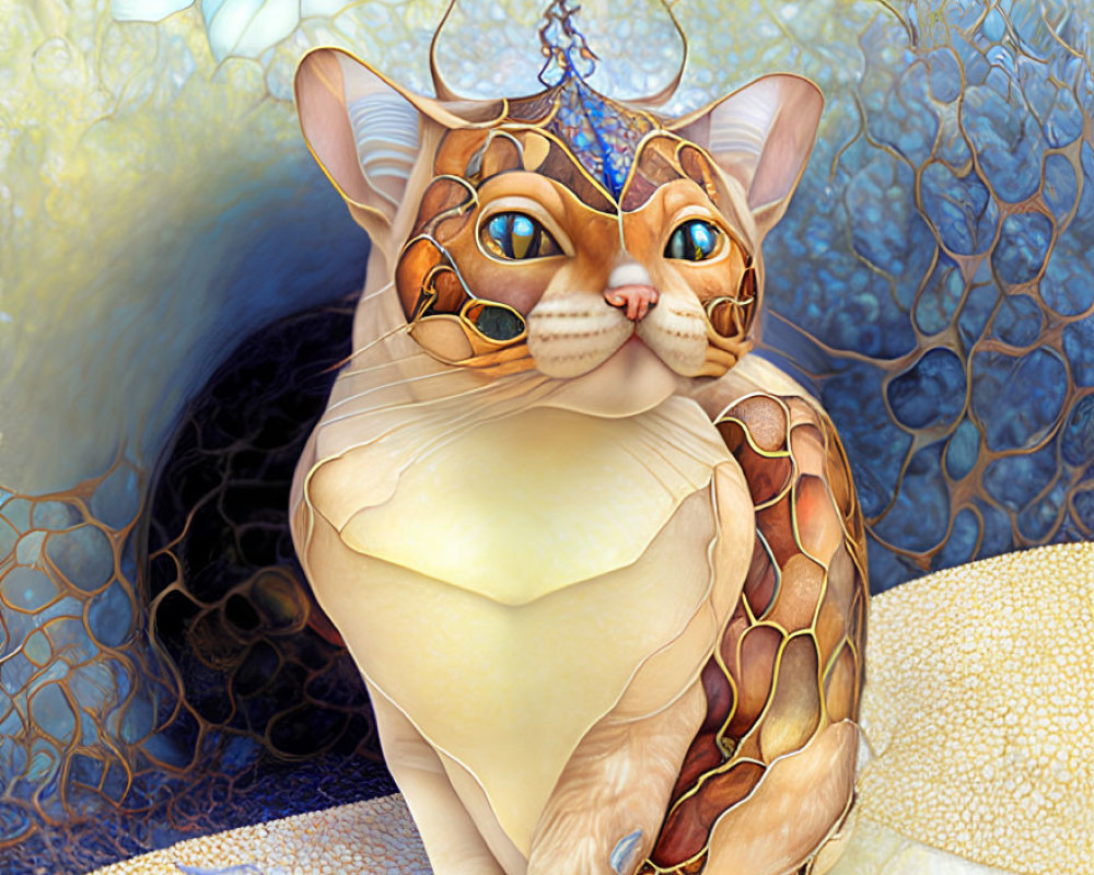 Colorful Stylized Digital Artwork: Cat with Intricate Patterns & Whimsical Aura