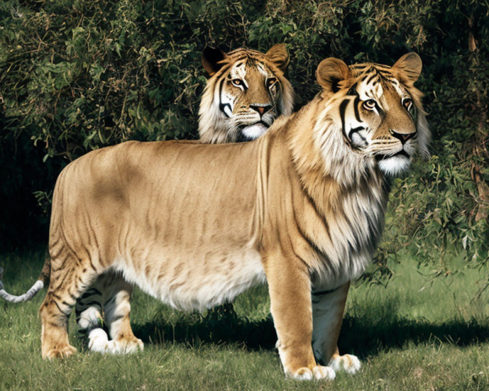 Unique Two-Headed Lion in Grass Field