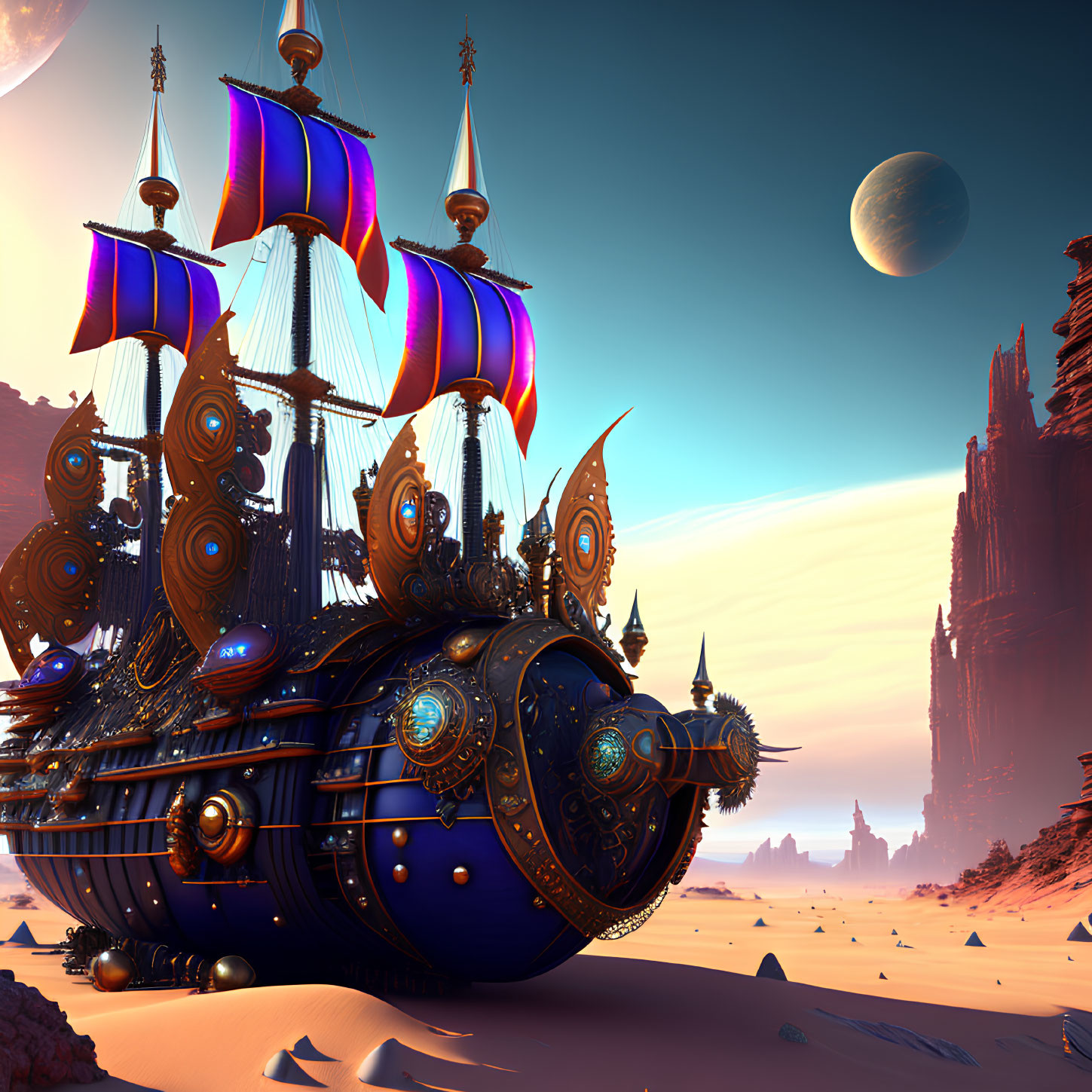 Steampunk-style ship with vibrant sails in desert landscape under large moon