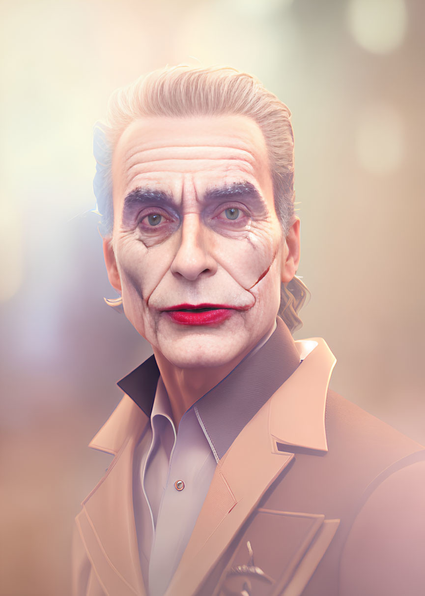 Stylized portrait of male figure with exaggerated facial features in Joker-like attire