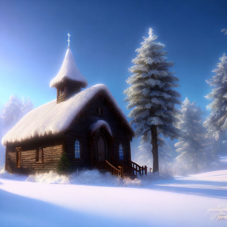 Snow-covered wooden church and frosty tree in serene winter landscape