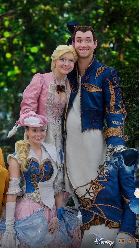 Colorful Fairy Tale Costumes: Three Performers Pose in Vibrant Attire