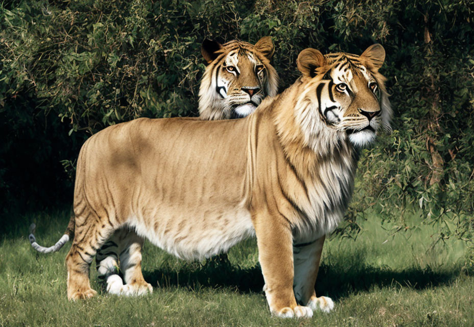 Unique Two-Headed Lion in Grass Field