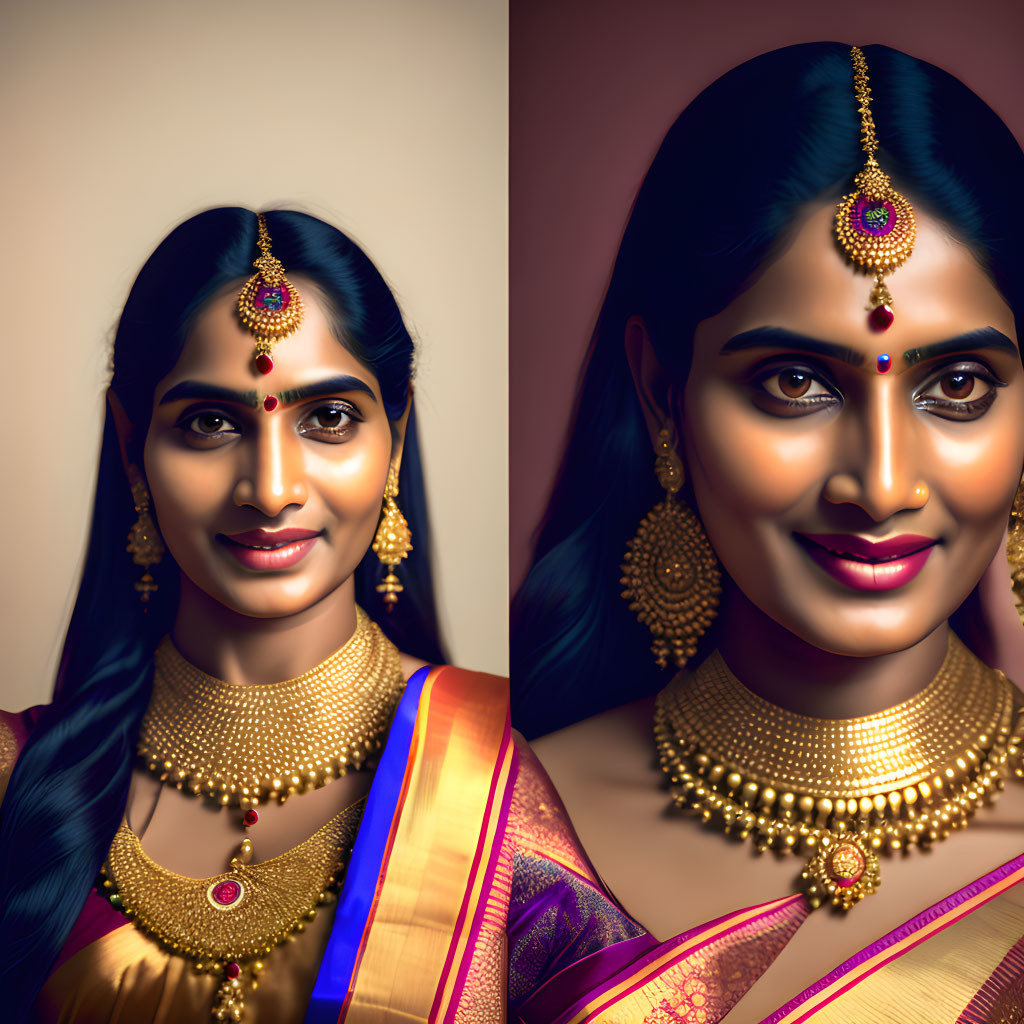 Image: Woman with Two Makeup Styles & Indian Saree