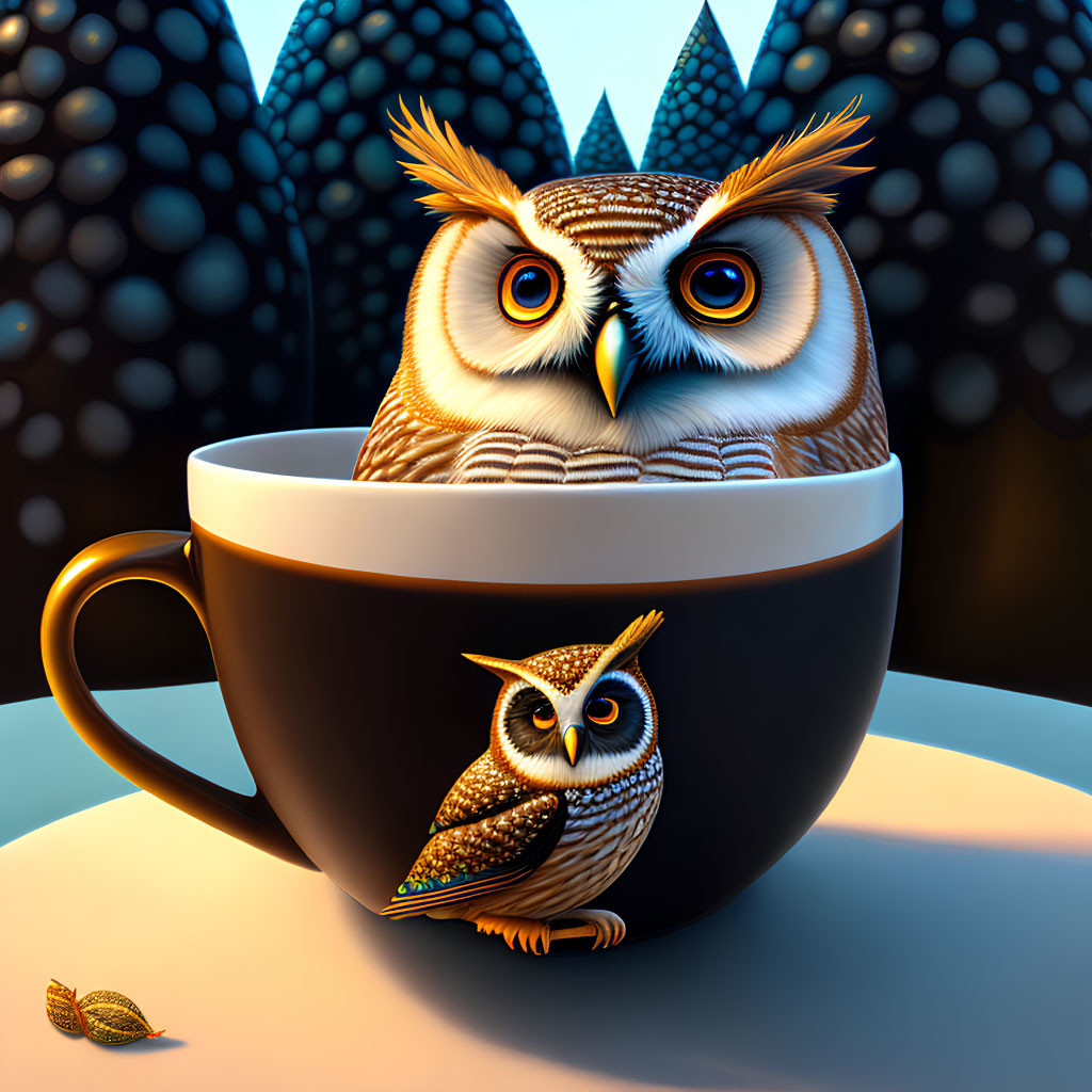 Illustration of two stylized owls in coffee cup with autumn leaves