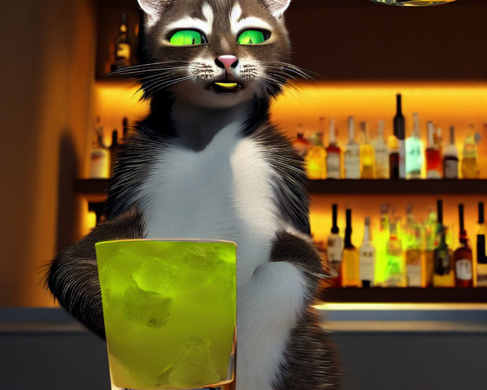 Anthropomorphic cat 3D animation in bar setting with yellow-green drink and warm lighting