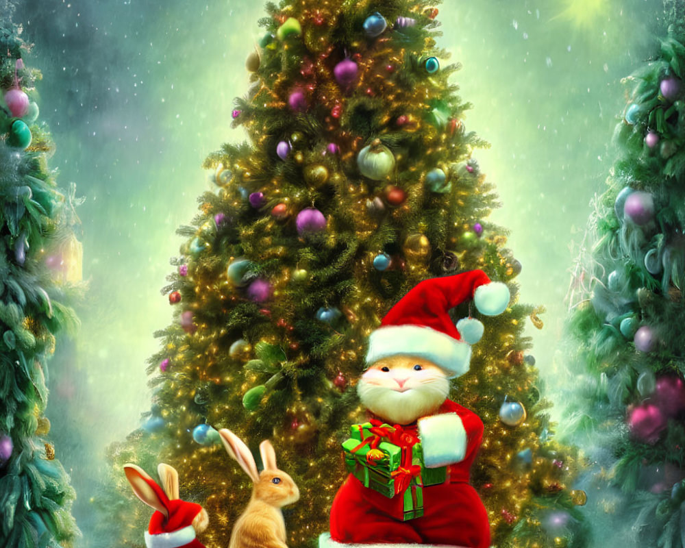 Whimsical Christmas Scene with Santa Cat, Bunny, Tree, and Gifts