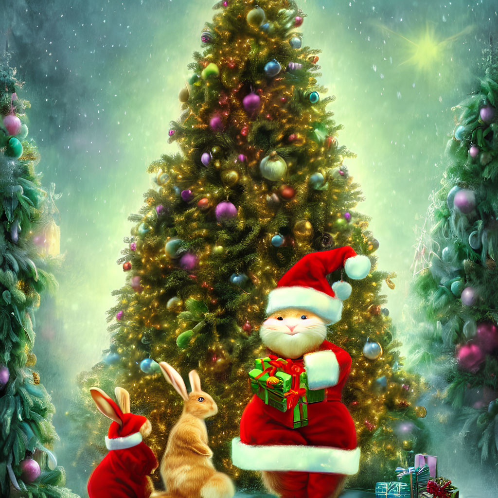 Whimsical Christmas Scene with Santa Cat, Bunny, Tree, and Gifts