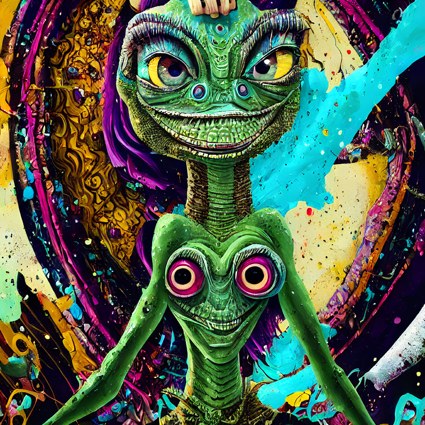 Colorful alien creatures in vibrant artwork with eclectic textures