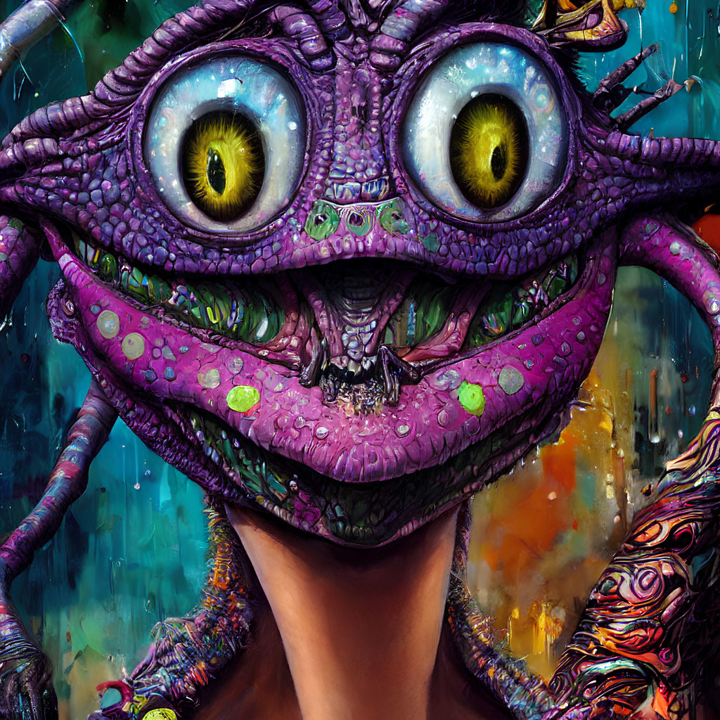 Colorful illustration of person in purple dragon-like mask with yellow eyes