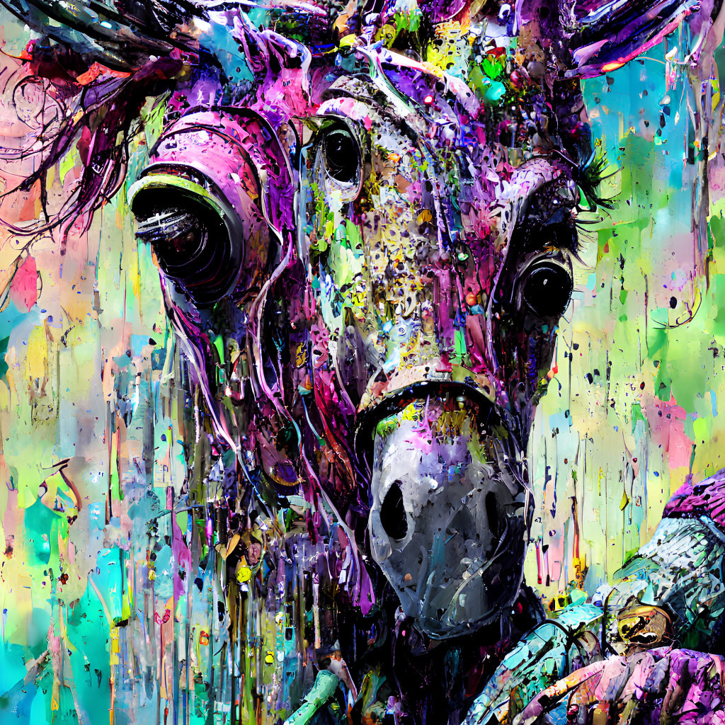 Vibrant abstract cow painting with colorful eyes and paint drips