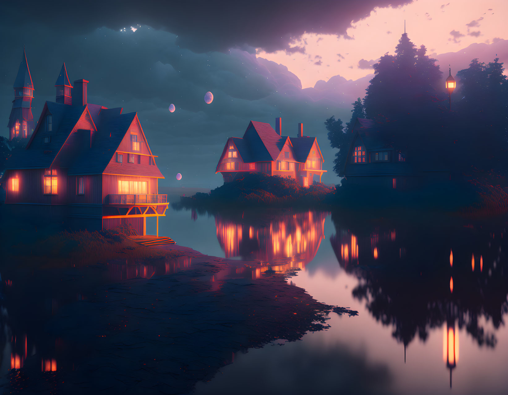 Serene lakeside at twilight with illuminated Victorian houses reflecting in still water