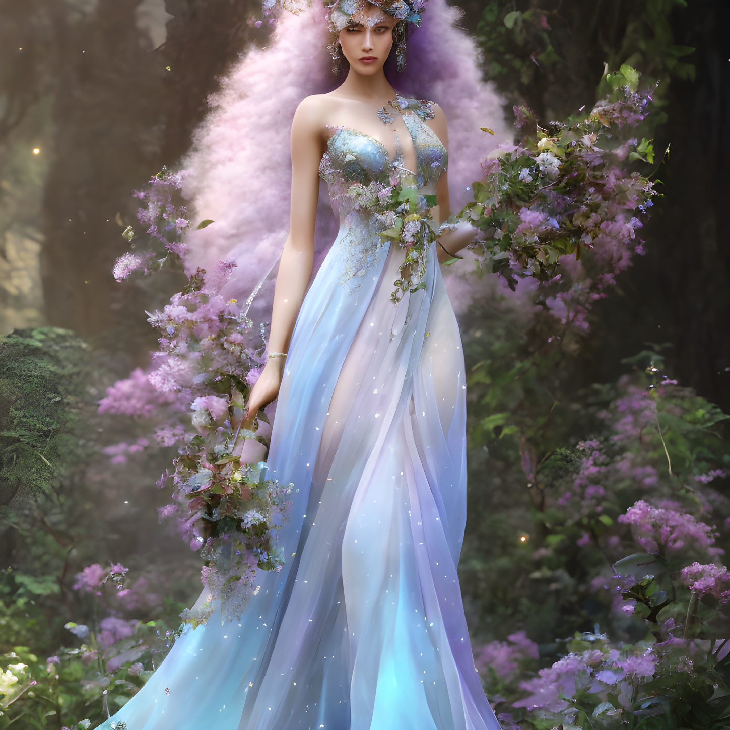 Woman in Blue and Purple Fantasy Gown in Mystical Forest