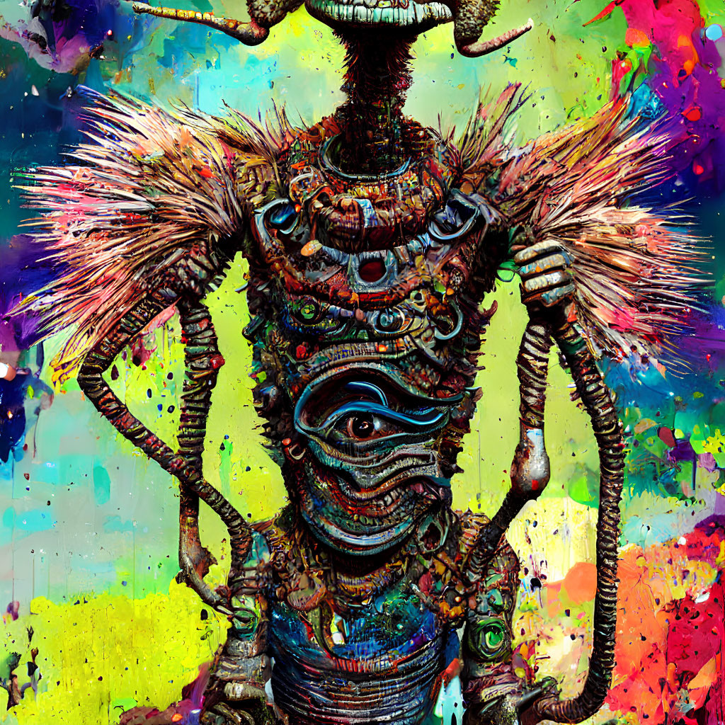 Colorful abstract art: surreal creature with horns, multiple eyes, intricate body patterns.