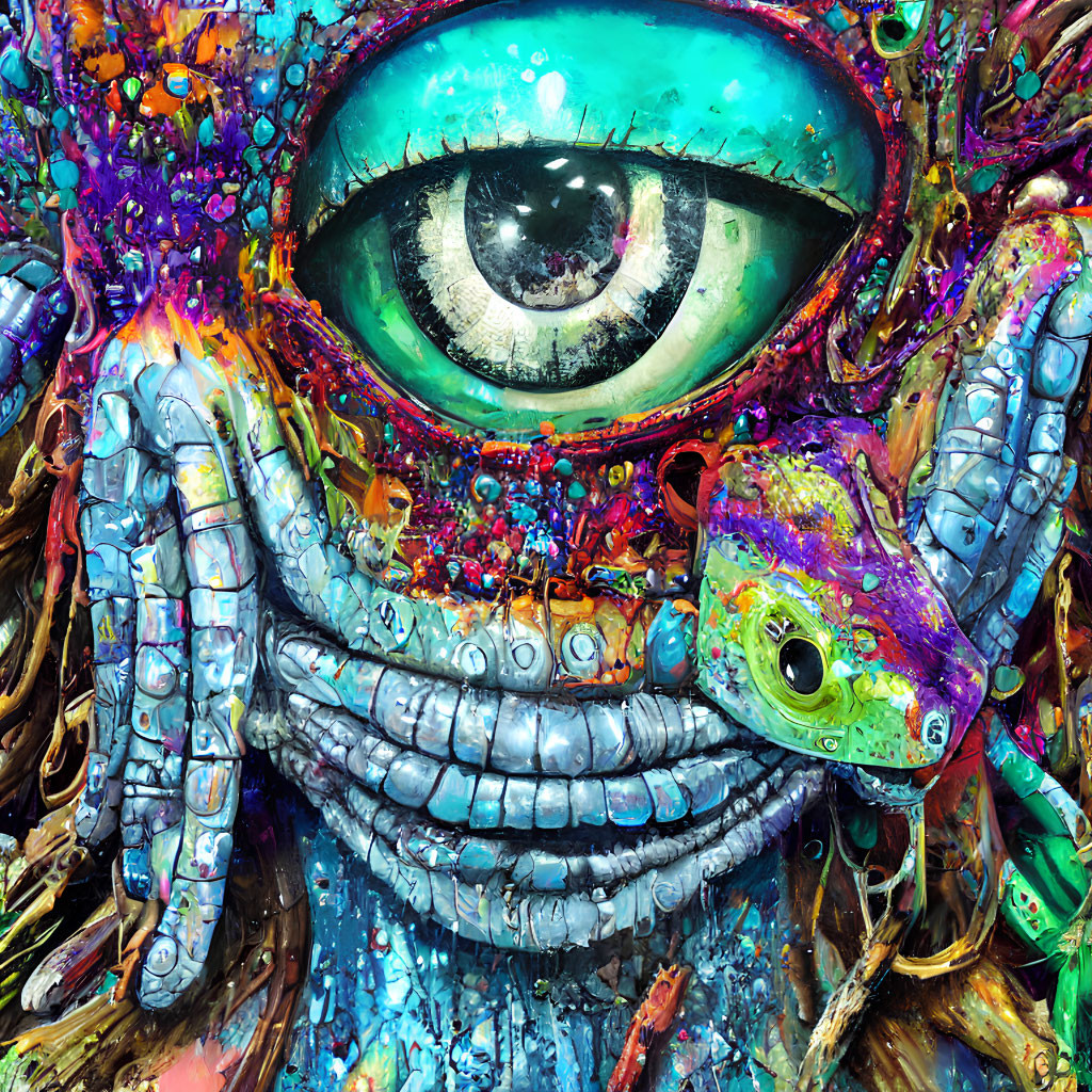 Colorful surreal creature with large eye in chaotic scene